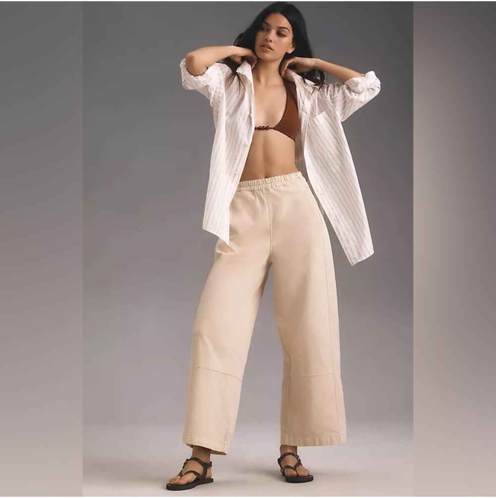 Pilcro The Izzie Relaxed Pull-On Barrel Wide leg Trousers Small Beige Boho Chic